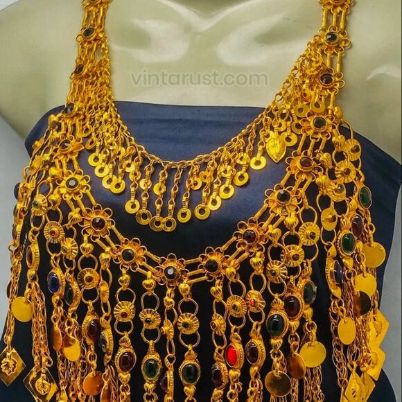 Golden Tone Choker Necklace With Long Dangling Tassels, Afghan Jewelry, Nomadic - Picture 10 of 13